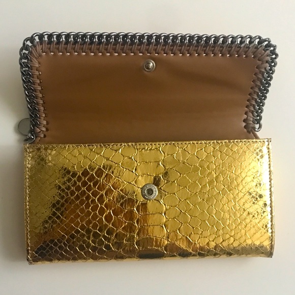 Very Rare! Stella McCartney Metallic Gold Python Falabella Wallet Vegan - Picture 6 of 13